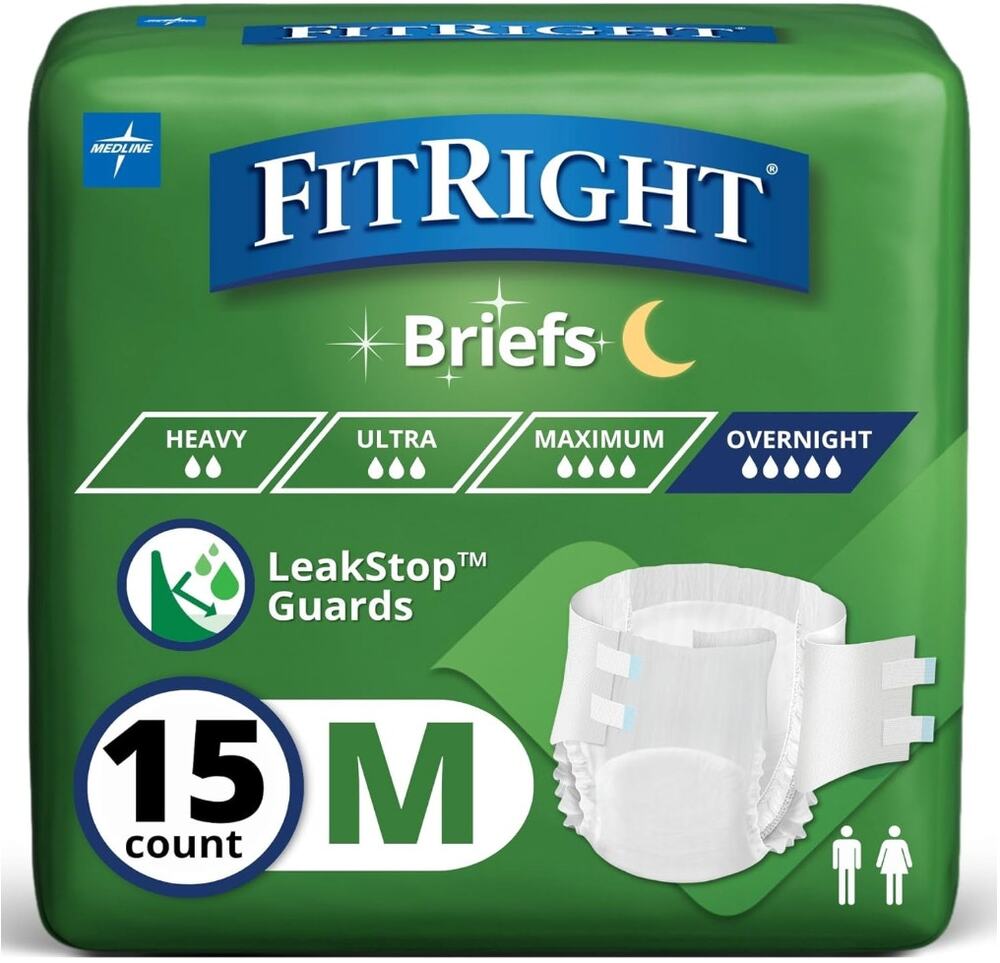 FitRight Extended Wear Overnight Adult Brief with Tabs, Medium, Pack of 15